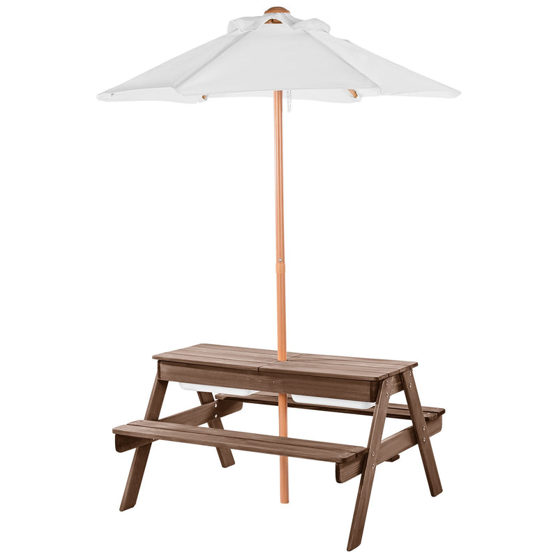 Wooden Picnic Table Bench Set With Umbrella Outdoor Garden