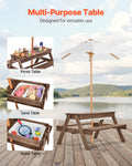 Wooden Picnic Table Bench Set With Umbrella Outdoor Garden