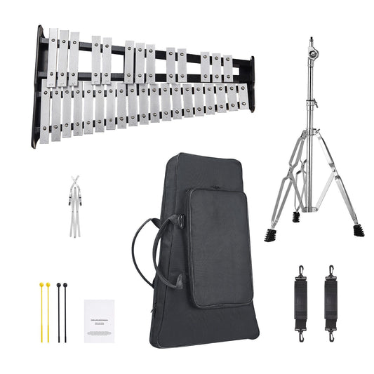 32 Note Glockenspiel Xylophone Bell Kit, Professional Percussion Instrument Set with Mallets, Drum Sticks, Music Stand, Adjustable Stand and Carrying Bag for Students & Adults