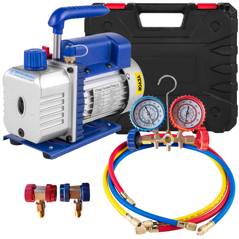 4CFM 1/4HP Rotary Vane Vacuum Pump R134A Manifold Gauge Hose
