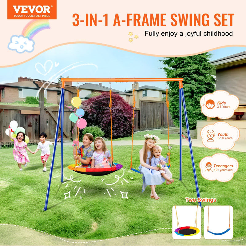 Swing Set 440lbs Capacity A-Frame Metal with Saucer & Belt Seats