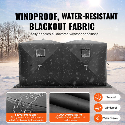 Portable Ice Shelter, 6-8 Person Pop-Up Ice Fishing Tent, 70 Square Feet Fishable Area, Ice Shanty for Winter Fishing, Waterproof Oxford Ice Cube with Anchors/Ropes/Carrying Bag, 142"x71" Black