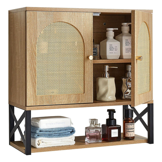 Bathroom Wall Cabinet, with 2 Doors and Adjustable Shelf, Over the Toilet Storage Medicine Cabinet Wall Mounted, Hanging Organizer with Shelves & Open Partition for Laundry Room Kitchen Restroom