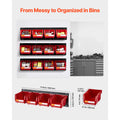 Wall Mounted Storage Bins, 12 Plastic Bins & 3 Metal Rails, Plastic Hanging Stackable Storage Bin for Screws, Nuts, Bolts, Nails, Hardware Tool Organizer for Workshop, Craft Room, Garage, Red