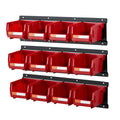 Wall Mounted Storage Bins, 12 Plastic Bins & 3 Metal Rails, Plastic Hanging Stackable Storage Bin for Screws, Nuts, Bolts, Nails, Hardware Tool Organizer for Workshop, Craft Room, Garage, Red