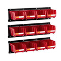 Wall Mounted Storage Bins 12pc Plastic Red Hardware Tool Organiser