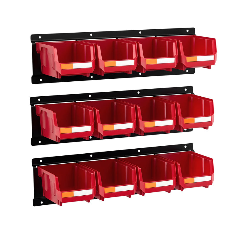 Wall Mounted Storage Bins 12pc Plastic Red Hardware Tool Organiser
