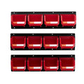 Wall Mounted Storage Bins 12pc Plastic Red Hardware Tool Organiser