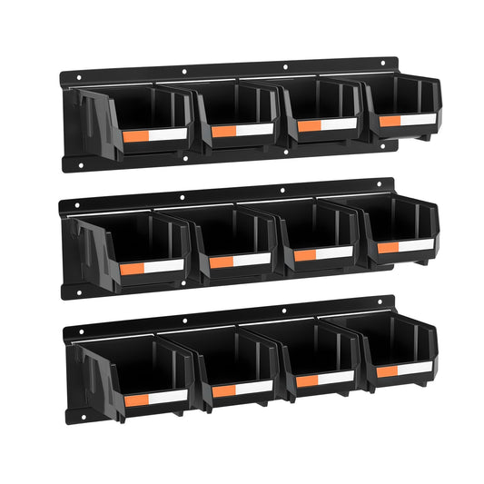 Wall Mounted Storage Bins 12pc Plastic Black Hardware Organiser
