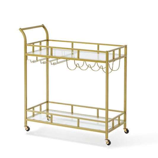 2 Tier Gold Metal Bar Cart Wine Rack Glass Holder 120kg