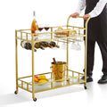2 Tier Gold Metal Bar Cart Wine Rack Glass Holder 120kg