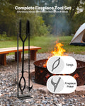 Fireplace Tool Set 3 PCS Black Wrought Iron Poker Tongs Stand