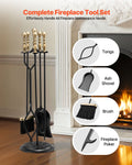 Fireplace Tool Set 5 Piece Black Brass Poker Tongs Shovel Brush Stand