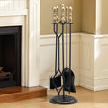 Fireplace Tool Set 5 Piece Black Brass Poker Tongs Shovel Brush Stand