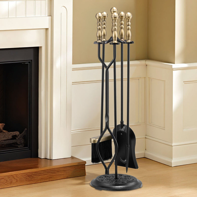 Fireplace Tool Set 5 Piece Black Brass Poker Tongs Shovel Brush Stand