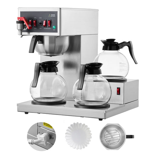 12 Cups Commercial Drip Coffee Maker with 3 Glass Carafes and 3 Warmers