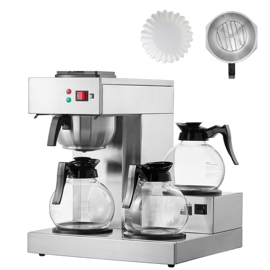 12 Cups Commercial Drip Coffee Maker with 3 Glass Carafes and 3 Warmers