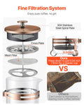 French Press Coffee Maker 1L Borosilicate Glass Stainless Steel