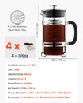 French Press Coffee Maker 1L Borosilicate Glass Stainless Steel