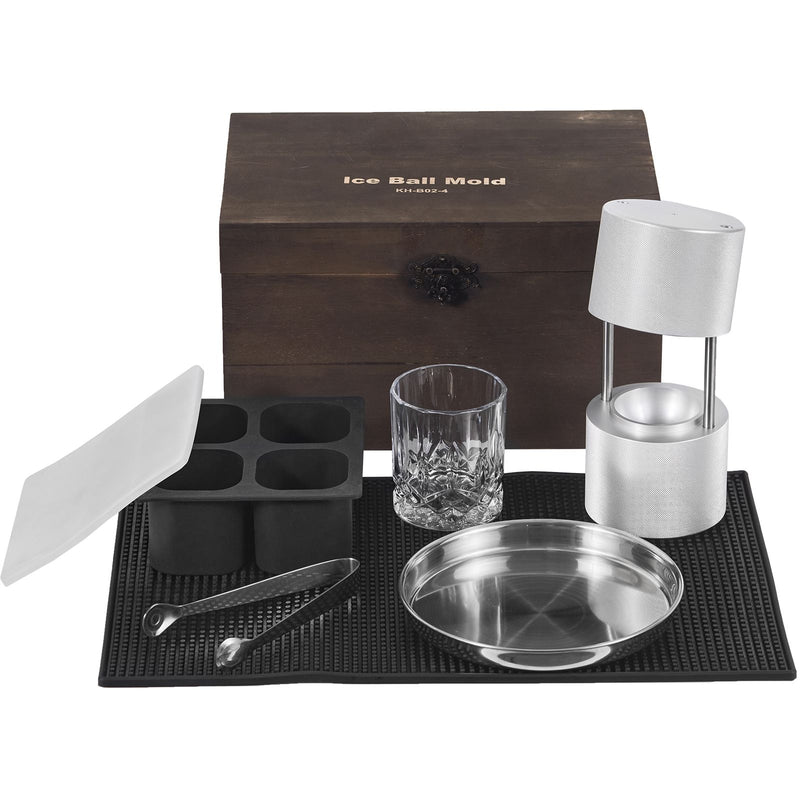 Ice Ball Press Kit, Aircraft Al Alloy Ice Press with Ice Block Mold, Large Mat, Tong, Drip Tray, One Glass, Round Ice Ball Maker 2.4
