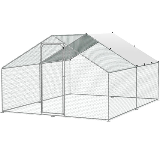 Large Metal Chicken Coop, 3x3.93x1.99 m Walk-in Chicken Runs for Yard with Cover, Spire Roof Hen House with Security Lock for Outdoor and Backyard, Farm, Duck Rabbit Cage Poultry Pen