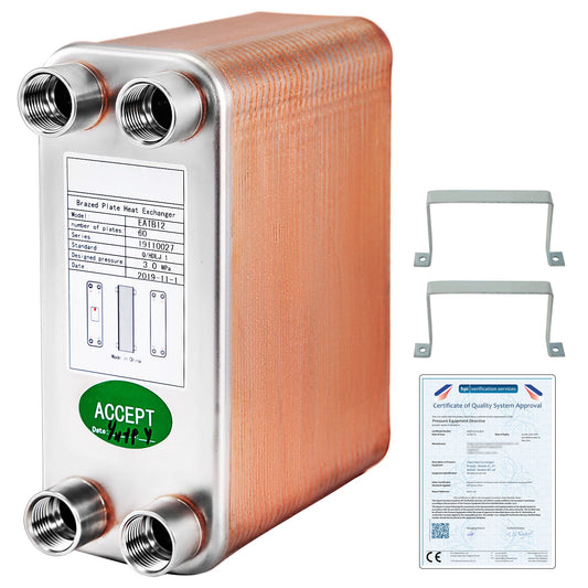 Heat Exchanger 3"x7.5" 60 Plates Brazed Plate Heat Exchanger 316L 1/2" BSP FPT Heat Exchanger EATB12 Beer Wort Chiller for Hydronic Heating