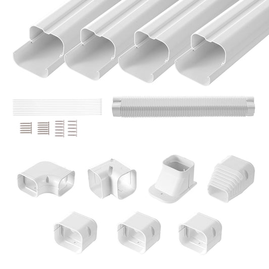 Mini Split Line Set Cover 76.2mm W 4830mm L, PVC Decorative Pipe Line Cover For Air Conditioner with 4 Straight Ducts & Full Components Easy to Install, Paintable for Heat Pumps, White