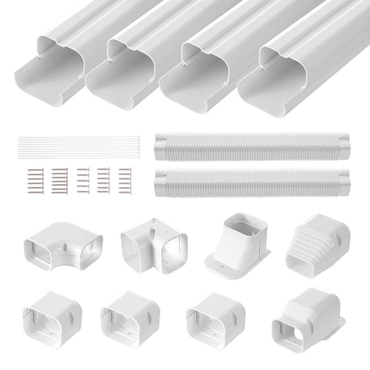 Mini Split Line Set Cover 76.2mm W 5350mm L, PVC Decorative Pipe Line Cover For Air Conditioner with 4 Straight Ducts & Full Components Easy to Install, Paintable for Heat Pumps, White