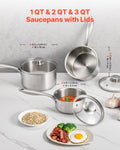 Stainless Steel Saucepan Set 3pc 1QT 2QT 3QT Nonstick Glass Lids