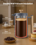 French Press Coffee Maker 1L Stainless Steel Double Wall Black