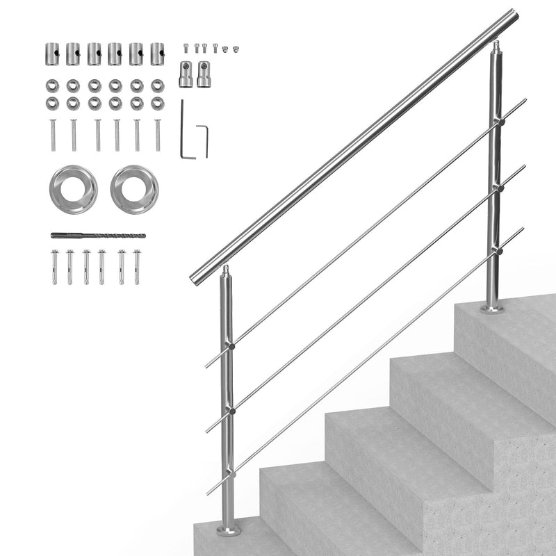 Handrail 59in 3 Crossbars Stainless Steel Outdoor Steps Deck Porch