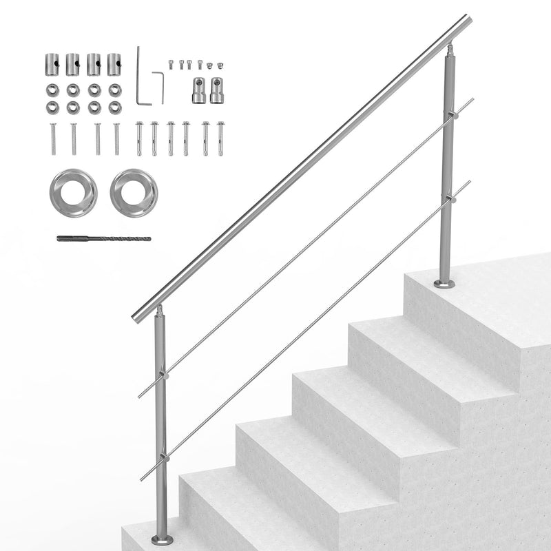 Stainless Steel Handrail 70.9in 2 Crossbars Outdoor Stairs Deck