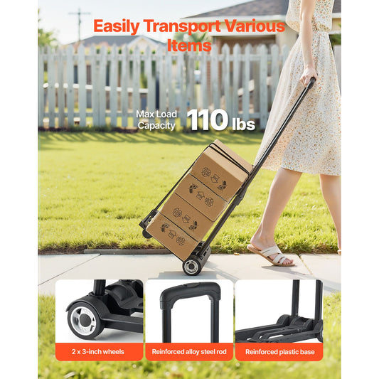 Folding Hand Truck, 49.9 kg Load Capacity, Collapsible Luggage Cart with 2 Wheels & 1 Elastic Rope, Utility Dolly Platform Cart for Airport Travel Furniture Luggage Office Moving, Black