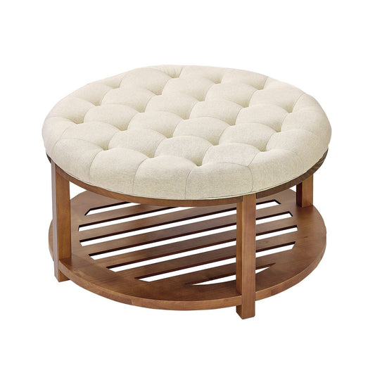 Large Round Tufted Ottoman Coffee Table 81cm Linen Storage