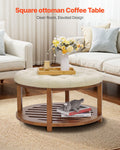 Large Round Tufted Ottoman Coffee Table 81cm Linen Storage