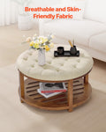 Large Round Tufted Ottoman Coffee Table 81cm Linen Storage