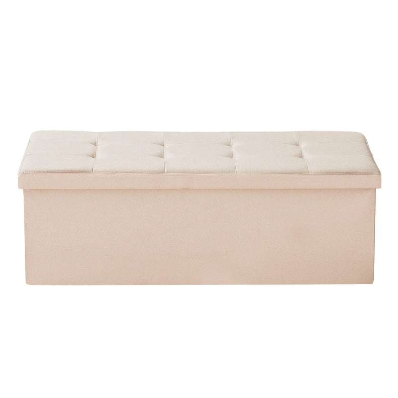Foldable Storage Ottoman Bench, End of Bed Bench with Side Bags, Folding Upholstered Storage Chest Supports 660 lbs, Linen Bed Ottoman with Large Space for Living Room, Bedroom, Entryway, Beige