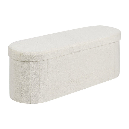 Oval Storage Ottoman Bench, Foldable Teddy Fleece End of Bed Bench, Folding Upholstered Bed Ottoman Chest with Large Storage Space, Supports 660 lbs, for Living Room, Bedroom, Entryway, Beige