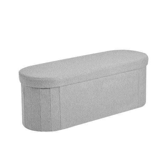 Oval Storage Ottoman Bench, Foldable Teddy Fleece End of Bed Bench, Folding Upholstered Bed Ottoman Chest with Large Storage Space, Supports 660 lbs, for Living Room, Bedroom, Entryway, Grey