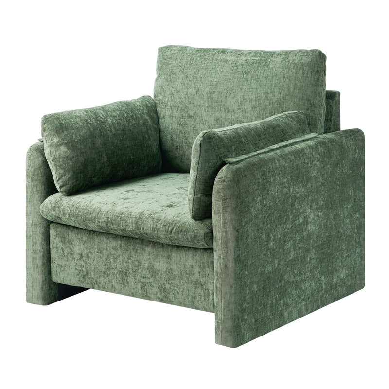 Green Upholstered Armchair with Thick Cushion & Arched Backrest