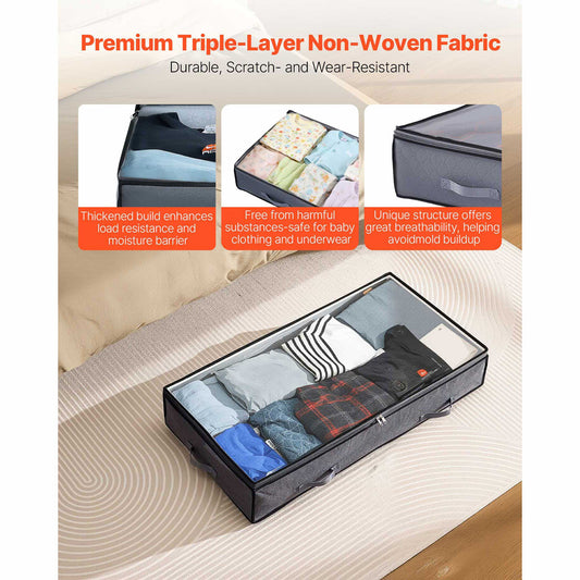 Under Bed Storage with Clear Lids, 996 x 500 x 180 mm, 90L Large Underbed Clothes Storage Containers, Low Profile Under Bed Drawer Shoe Organizer Bins Box for Blanket Shoe Bedroom, 4 Pack