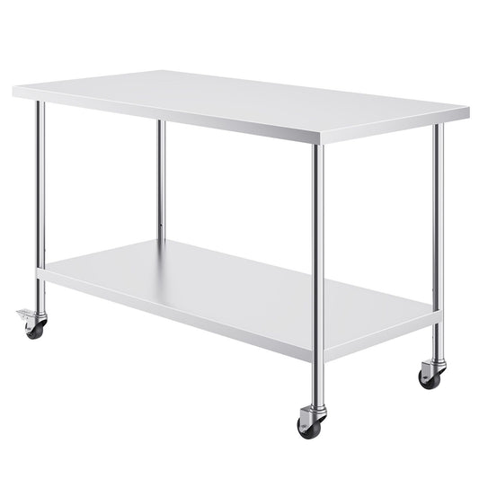 Stainless Steel Work Table 30 x 60 x 38 Inch, with 4 Wheels, 3 Adjustable Height Levels, Heavy Duty Food Prep Worktable for Commercial Kitchen Restaurant, Silver