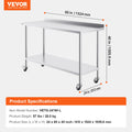 Stainless Steel Work Table 24x60x40 Commercial Food Prep Casters