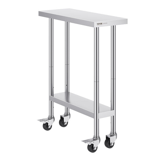 Stainless Steel Work Table 30x12x38" 4 Wheels Adjustable