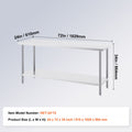 Stainless Steel Prep Table, 24 x 72 x 34 Inch, Heavy Duty Metal Worktable with 3 Adjustable Height Levels, Commercial Workstation for Kitchen Garage Restaurant Backyard