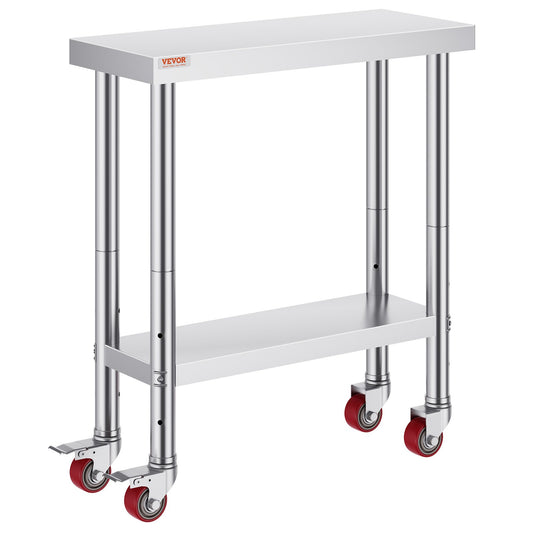 Stainless Steel Work Table 30x12x34 3-Shelf 4 Wheels Brake