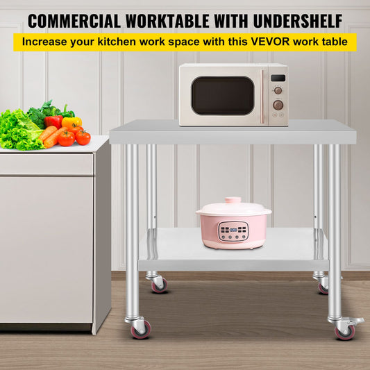 30x36x34 Inch Stainless Steel Work Table 3-Stage Adjustable Shelf with 4 Wheels Heavy Duty Commercial Food Prep Worktable with Brake for Kitchen Prep Work