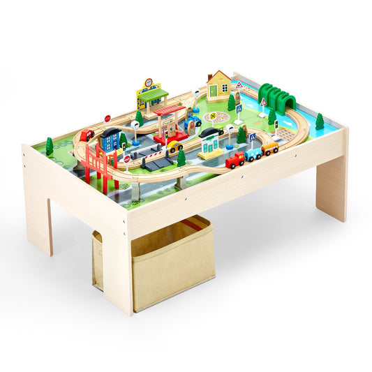 Wooden Train Table 84 Pieces Kids Activity Multi-Colour Storage Bin