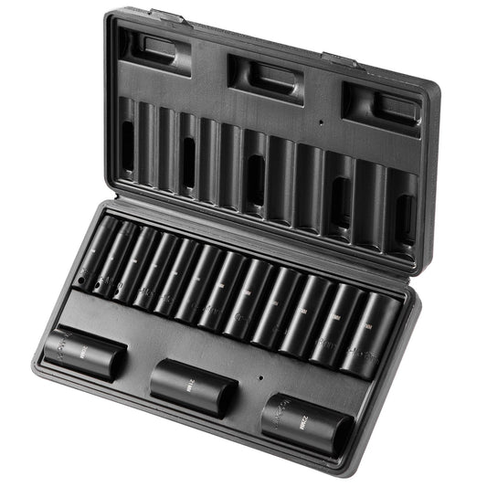 3/8" Drive Impact Socket Set, 15 Piece Deep Socket Set Metric 8-22mm, 6 Point Cr-Mo Alloy Steel for Auto Repair, Easy-to-Read Size Markings, Rugged Construction, Includes Storage Case