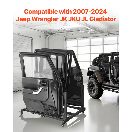 Jeep Door Storage Cart, 4 Doors Moveable Storage Cart Rack with Thickened Rubber Cushion, Sturdy Car Door Holder Cart Fit for Jeep Wrangler JK JKU JL Gladiator